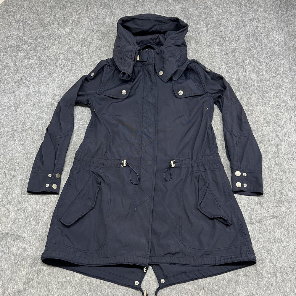 Guess Jeans Jacket Womens Medium Navy Blue‎ Hooded Parka Coat Drawstring Pockets